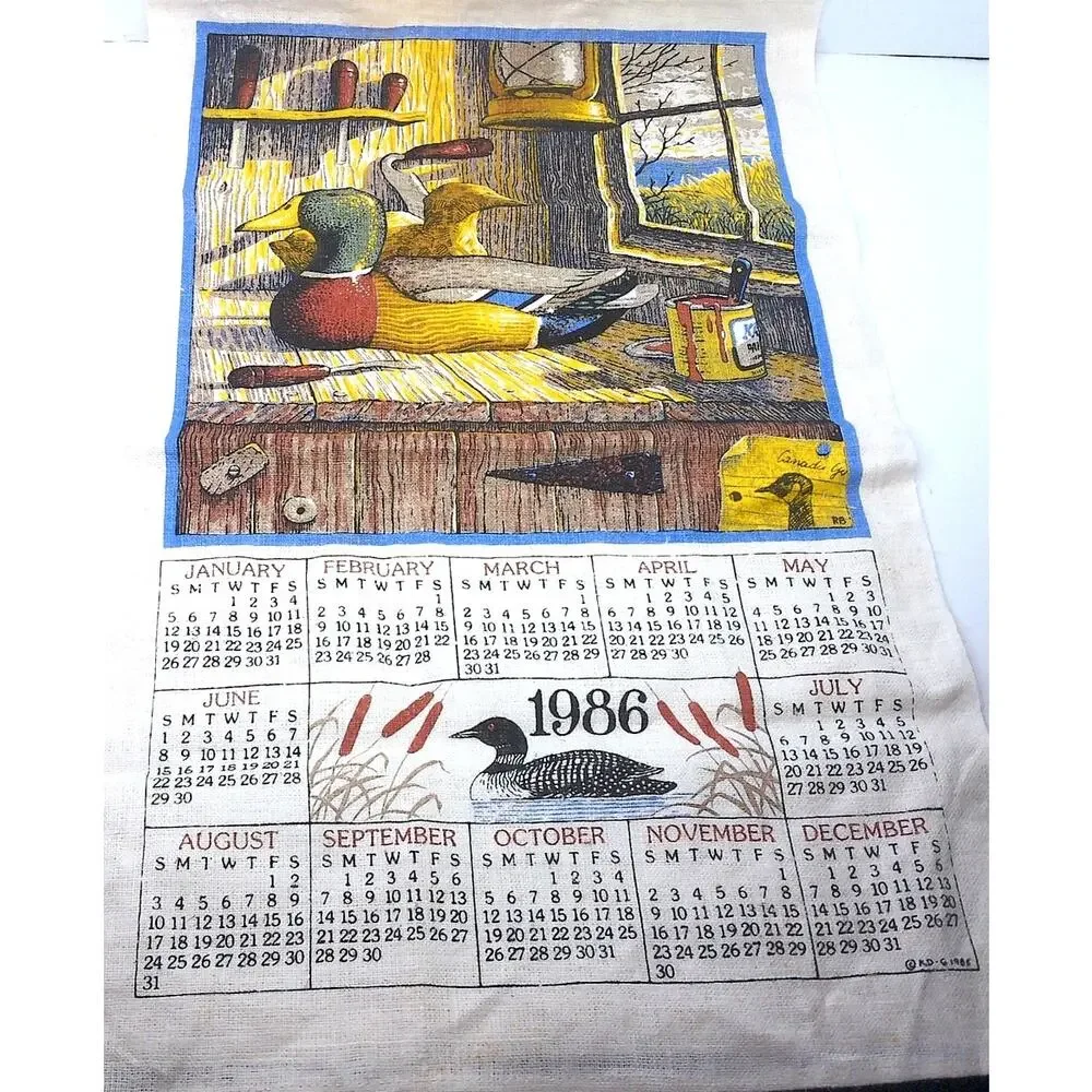 Vintage 1986 Wood Duck Mallard Linen Calendar Tea Towel Country Cottagecore